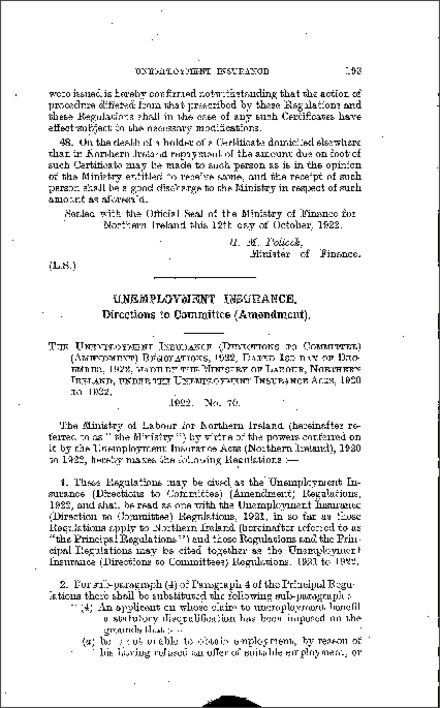 The Unemployment Insurance (Directions to Committee) (Amendment) Regulations (Northern Ireland) 1922