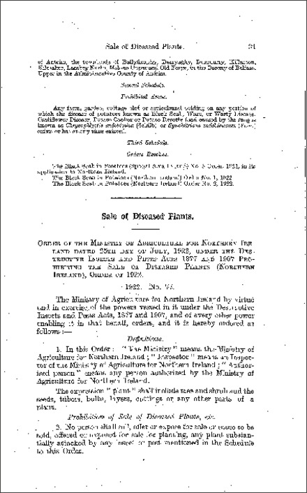 The Sale of Diseased Plants Order (Northern Ireland) 1922