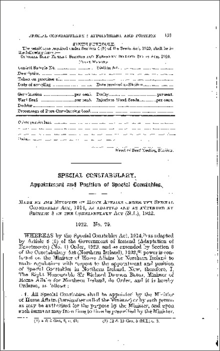 The Special Constabulary (Appointment and Position) Regulations (Northern Ireland) 1922