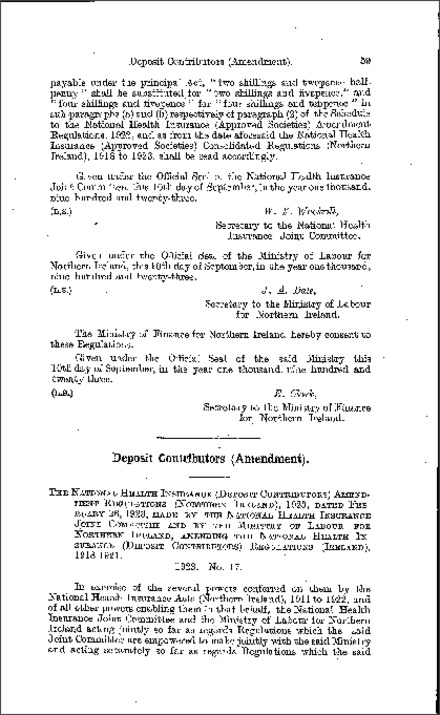 The National Health Insurance (Deposit Contributors) Amendment Regulations (Northern Ireland) 1923