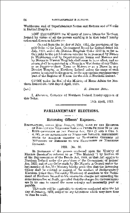 The Parliamentary Elections (Returning Officers' Expenses) Regulations (Northern Ireland) 1923