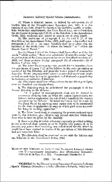 The Unemployment Insurance (Insurance Industry Special Scheme) (Amendment) Order (No. 2) (Northern Ireland) 1923