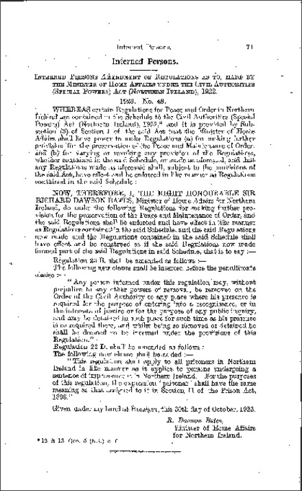 The Interned Persons (Amendment) Regulations (Northern Ireland) 1923