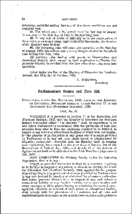 The Parliamentary Grants and Rate Aid Regulations (Northern Ireland) 1923