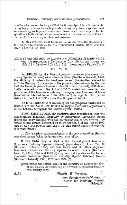 The Unemployment Insurance (Insurance Industry Special Scheme) (Amendment) Order (No. 3) (Northern Ireland) 1923