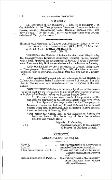 The Unemployment Insurance (Insurance Industry Special Scheme) (Amendment) Special Order (No. 2) (Northern Ireland) 1923