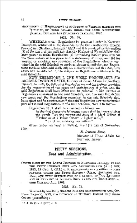 The Petty Sessions Fees Order (Northern Ireland) 1923