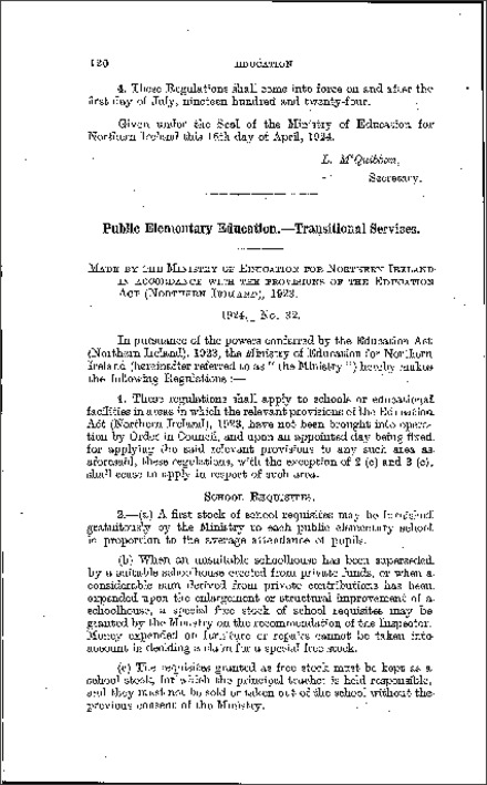The Public Elementary Education (Transitional Services) Regulations (Northern Ireland) 1924