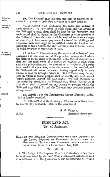 The Irish Land (Lay Assessors) Order (Northern Ireland) 1924