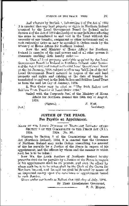 The Justice of the Peace, Fee on Appointment Order (Northern Ireland) 1924