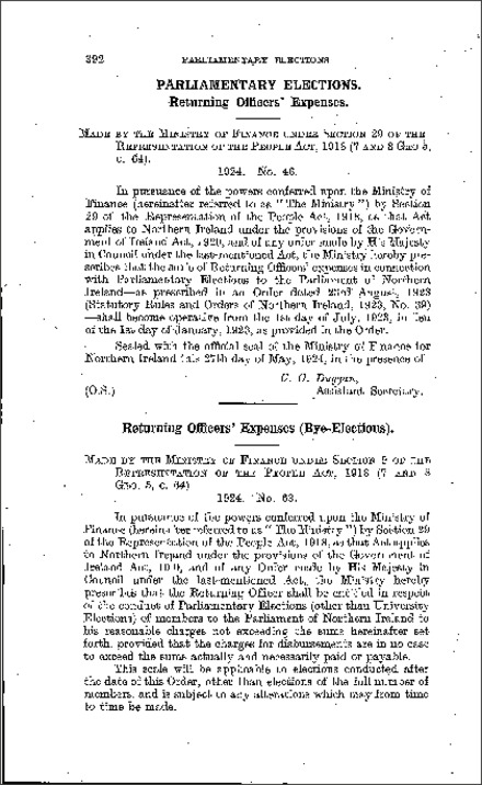 The Parliamentary Elections, Returning Officers' Expenses (Bye-Elections) Order (Northern Ireland) 1924