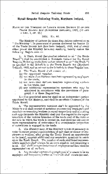 The Trade Boards (Retail Bespoke Tailoring Trade, Northern Ireland) (Constitution, Proceedings and Meetings) Regulations (Northern Ireland) 1924