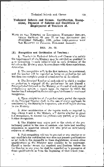 The Technical Schools and Classes Regulations (Northern Ireland) 1924