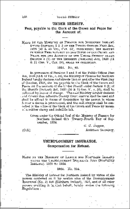 The Under Sheriff, fees payable for account of Order (Northern Ireland) 1924