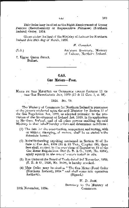 The Gas Meter (Fees) Order (Northern Ireland) 1924