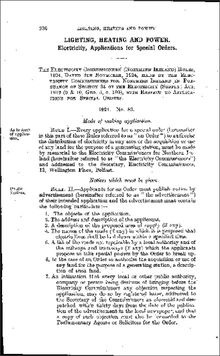 The Electricity Commissioners' Rules (Northern Ireland) 1924