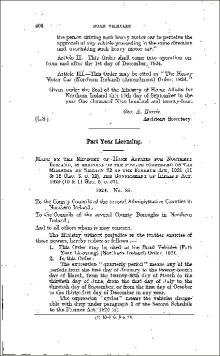 The Road Vehicles (Part Year Licensing) Order (Northern Ireland) 1924