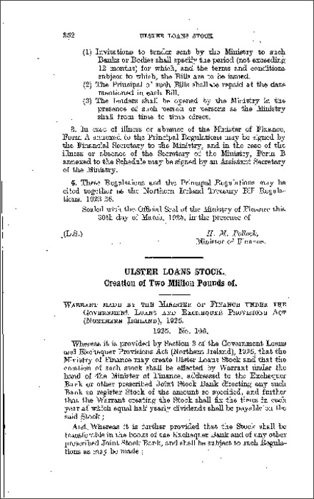 The Ulster Loans Stock, Warrant Creating £2 million Order (Northern Ireland) 1925