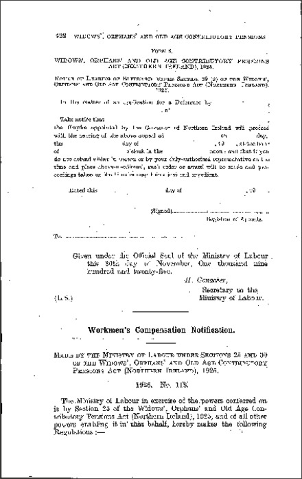 The Contributory Pensions (Workmen's Compensation Notification) Regulations (Northern Ireland) 1925