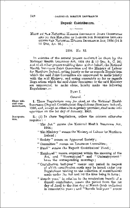 The National Health Insurance (Deposit Contributors) Regulations (Northern Ireland) 1925