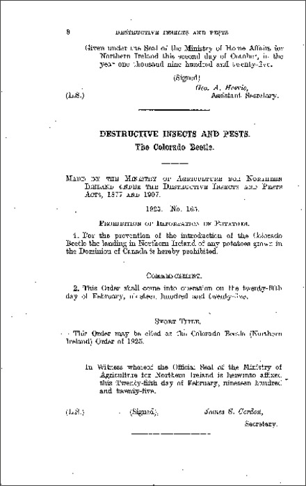 The Colorado Beetle Order (Northern Ireland) 1925