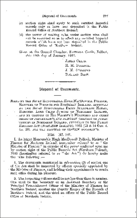 The Public Records, Disposal of Documents Order (Northern Ireland) 1925