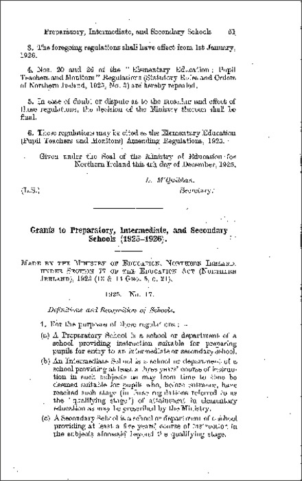 The Grants to Preparatory, Intermediate and Secondary Schools Regulations (Northern Ireland) 1925