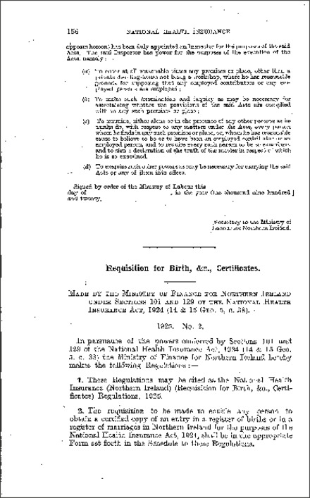 The National Health Insurance (Requisition for Birth, &c. Certificates) Regulations (Northern Ireland) 1925