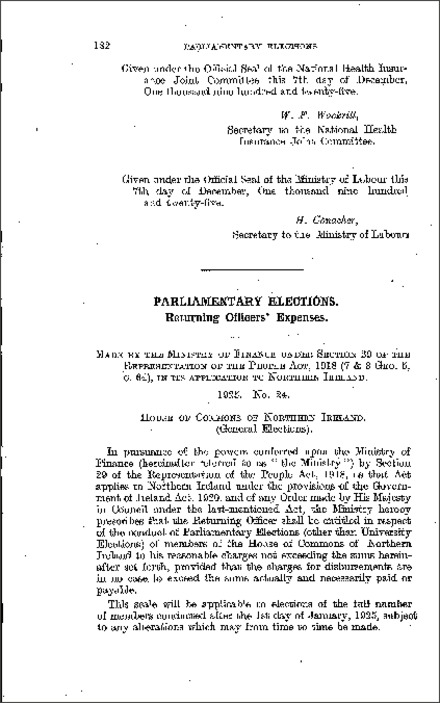 The Parliamentary Elections, Returning Officers' Expenses (Northern Ireland) 1925
