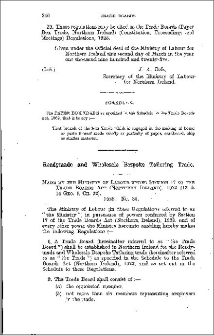 The Trade Boards (Readymade and Wholesale Bespoke Tailoring) (Constitution, Proceedings and Meetings) Regulations (Northern Ireland) 1925