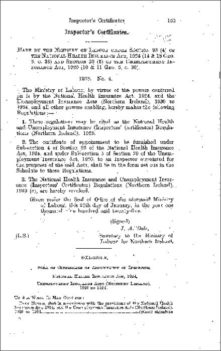 The National Health and Unemployment Insurance (Inspectors' Certificates) Regulations (Northern Ireland) 1925