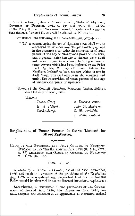 The Explosives: Employment of Young Persons in Stores Licensed for Mixed Explosives Order (Northern Ireland) 1925