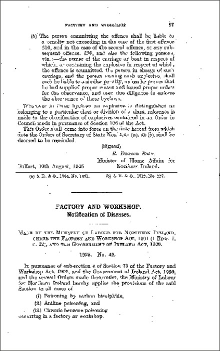 The Factory and Workshop (Notification of Diseases) Order (Northern Ireland) 1925