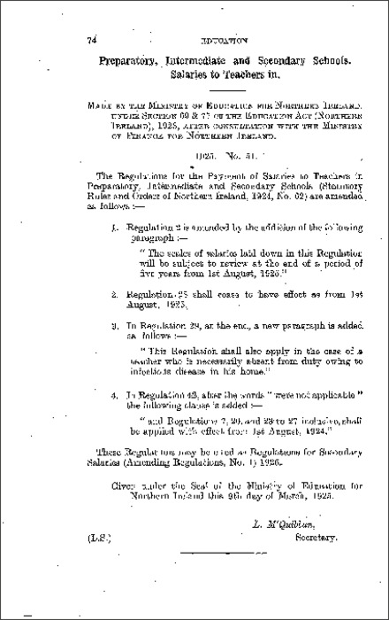 The Regulations for Secondary Salaries (Amendment Regulations No. 1) (Northern Ireland) 1925