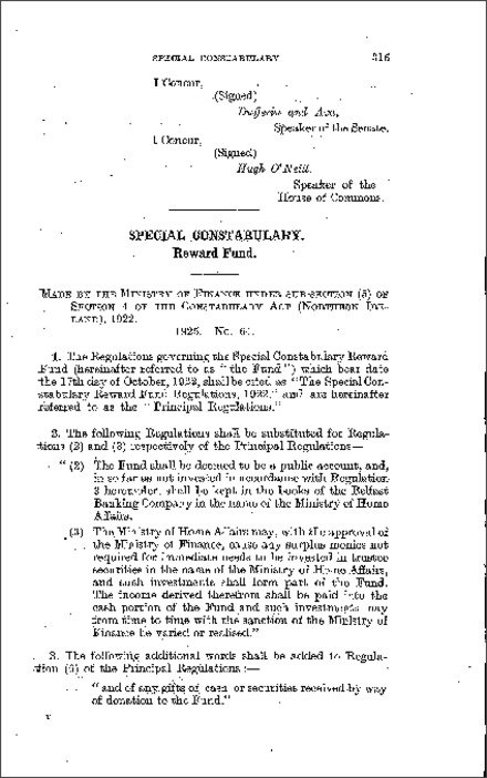 The Special Constabulary Reward Fund Regulations (Northern Ireland) 1925