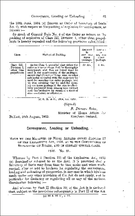 The Explosives, Conveyance on Roads Order (Northern Ireland) 1925