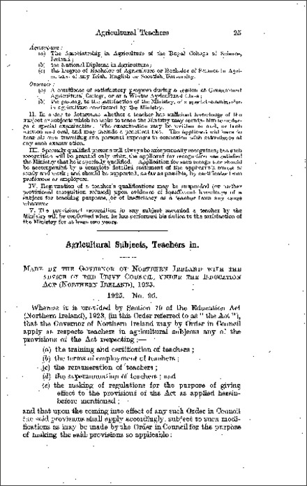 The Teachers in Agricultural Subjects Order (Northern Ireland) 1925