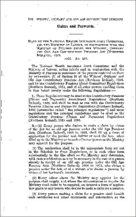 The Contributory Pensions (Claims and Payments) Amendment Regulations (Northern Ireland) 1926