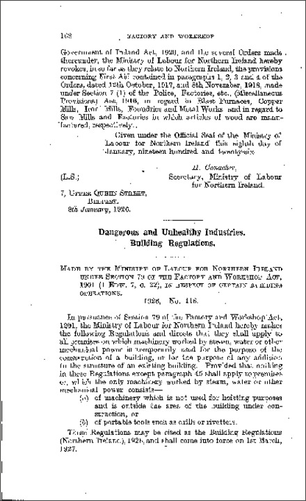 The Building Regulations (Northern Ireland) 1926