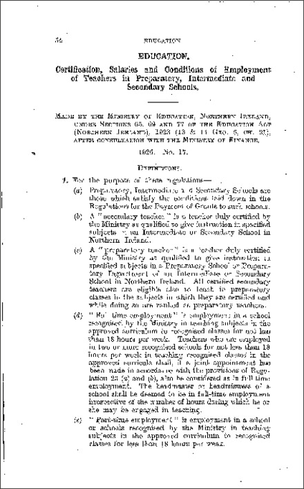 The Education, Secondary Teachers Regulations (Northern Ireland) 1926