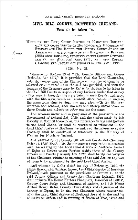 The Civil Bill Courts Fees Order (Northern Ireland) 1926