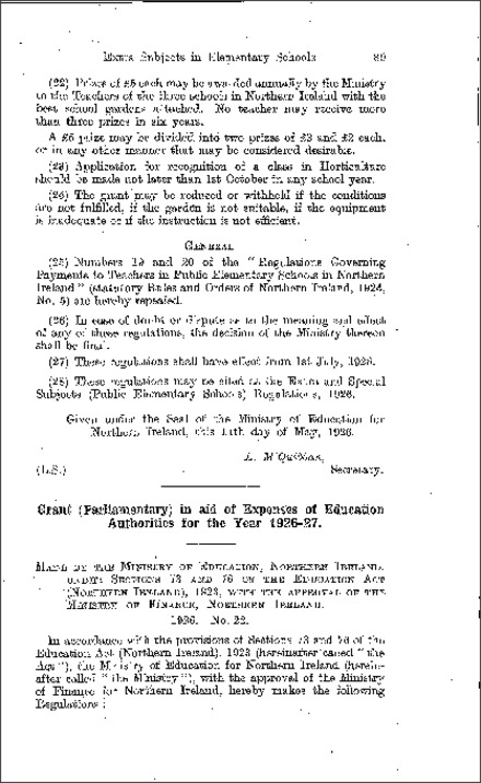 The Parliamentary Grant in aid of Expenses of Education Regulations (Northern Ireland) 1926