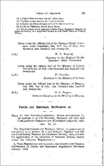 The Contributory Pensions (Notification of Deaths and Marriages) Regulations (Northern Ireland) 1926