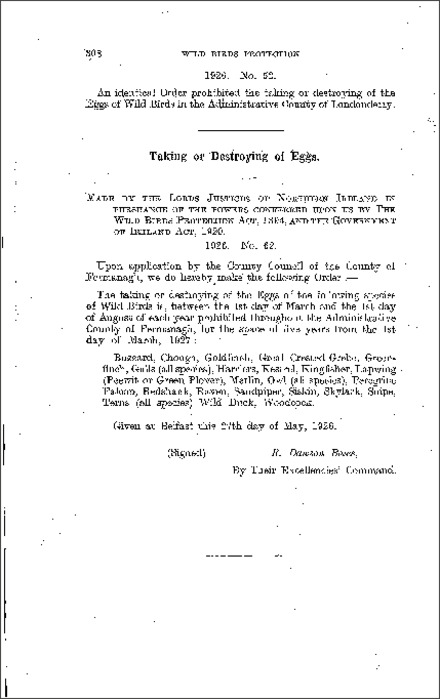 The Wild Birds Protection Order (Northern Ireland) 1926