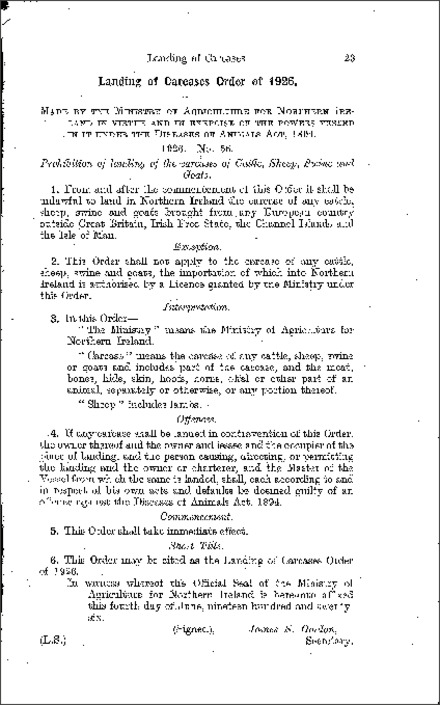 The Landing of Carcases Order (Northern Ireland) 1926