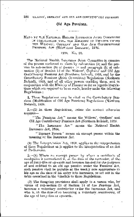 The Contributory Pensions (Modification of Old Age Pensions) Regulations (Northern Ireland) 1926