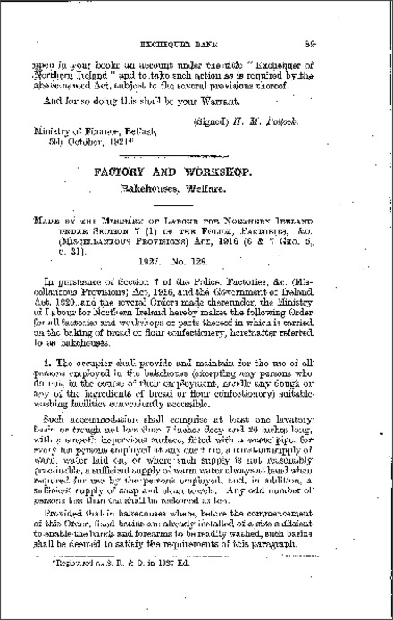 The Bakehouses Welfare Order (Northern Ireland) 1927