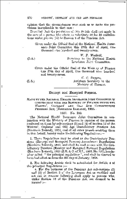 The Contributory Pensions (Exempt and Excepted Persons) Amendment Regulations (Northern Ireland) 1927