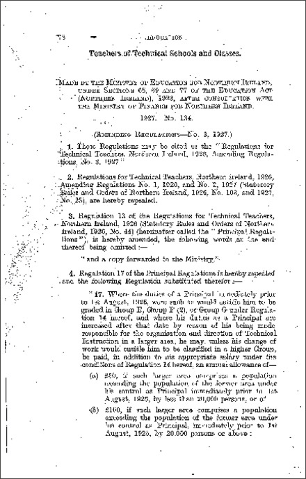 The Technical Teachers 1926, Amendment Regulations No. 3 (Northern Ireland) 1927