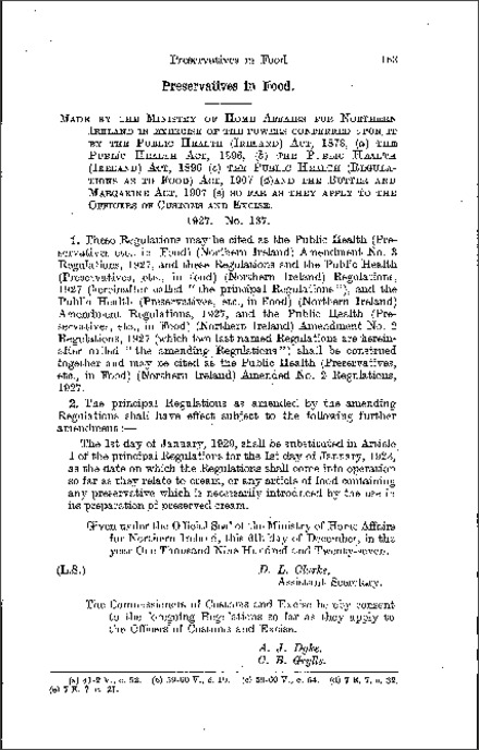 The Public Health (Preservatives etc., in Food) Amendment No. 3 Regulations (Northern Ireland) 1927